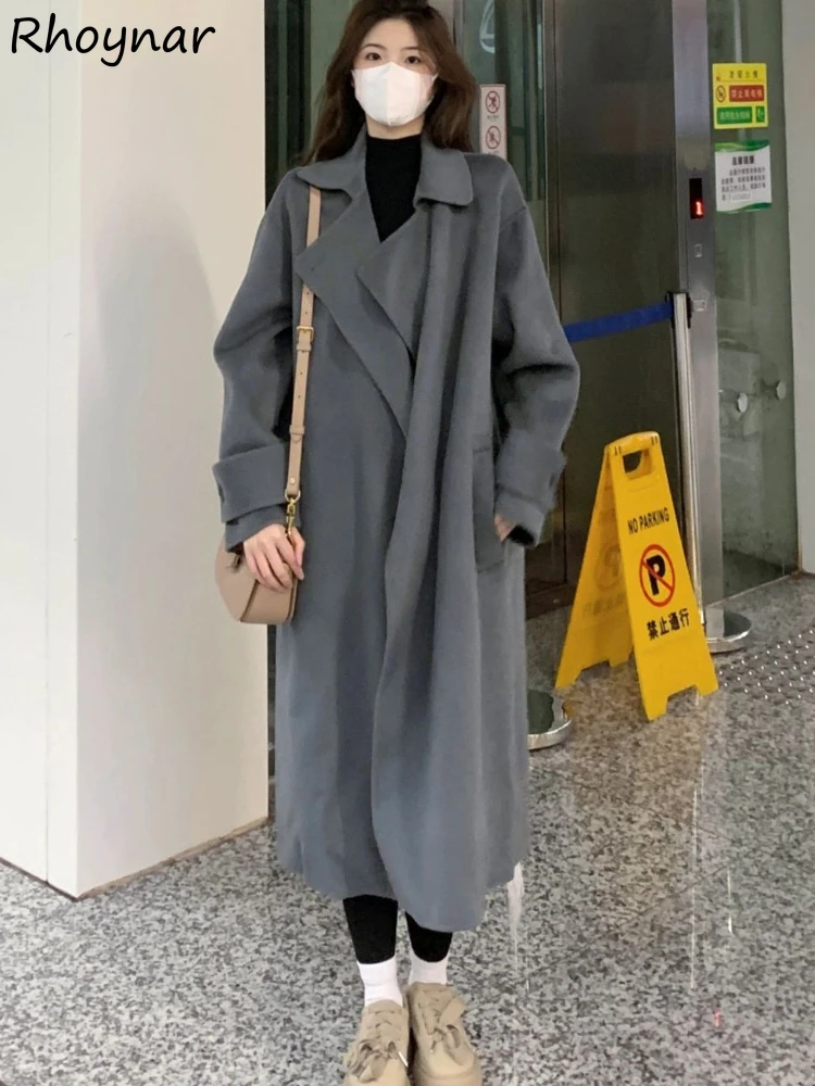

Blends Women Korean Plus Velvet Thickening Long Style Coats All-match Casual Pure Minimalist Streetwear Temperament Mujer Autumn