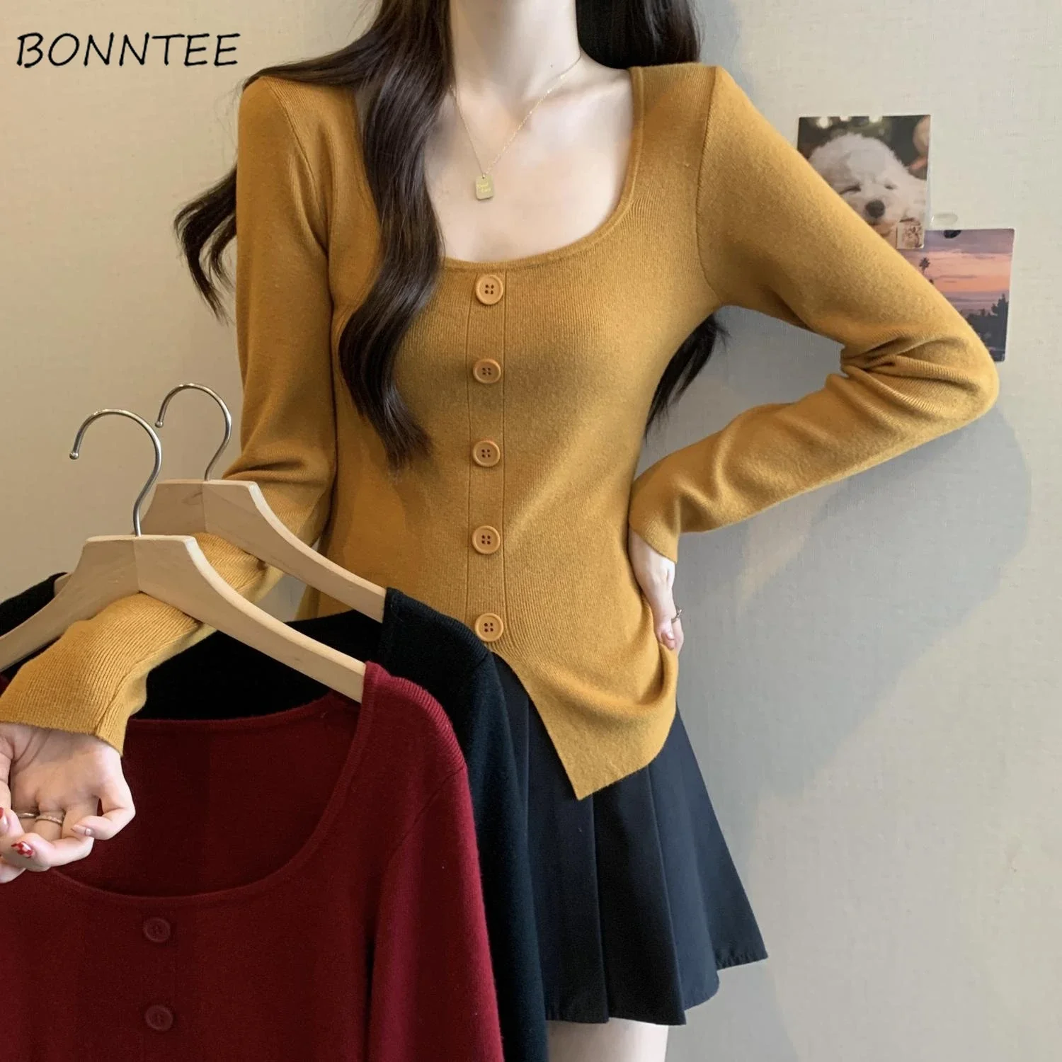 Slim Knitted Pullovers Women Buttons Solid Korean Style Gentle Temper Square Collar Slit Hotsweet Girls Autumn Basic Tops New