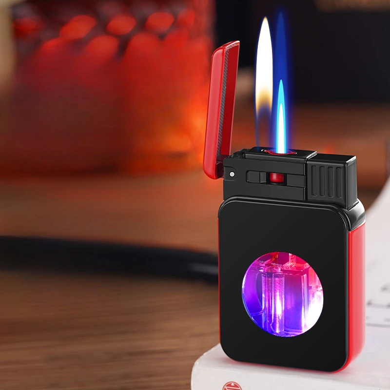 2023 Cool Dual Flame Switching Lighter Color Light Visible Transom Butane Direct Injection Turbo Jet Lighter Men's Gift