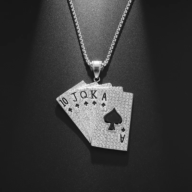 Fashion Trend Personality Hip Hop Punk Style Gold Plated Poker Playing Cards Creative Unique Design Men Pendant Square Necklace