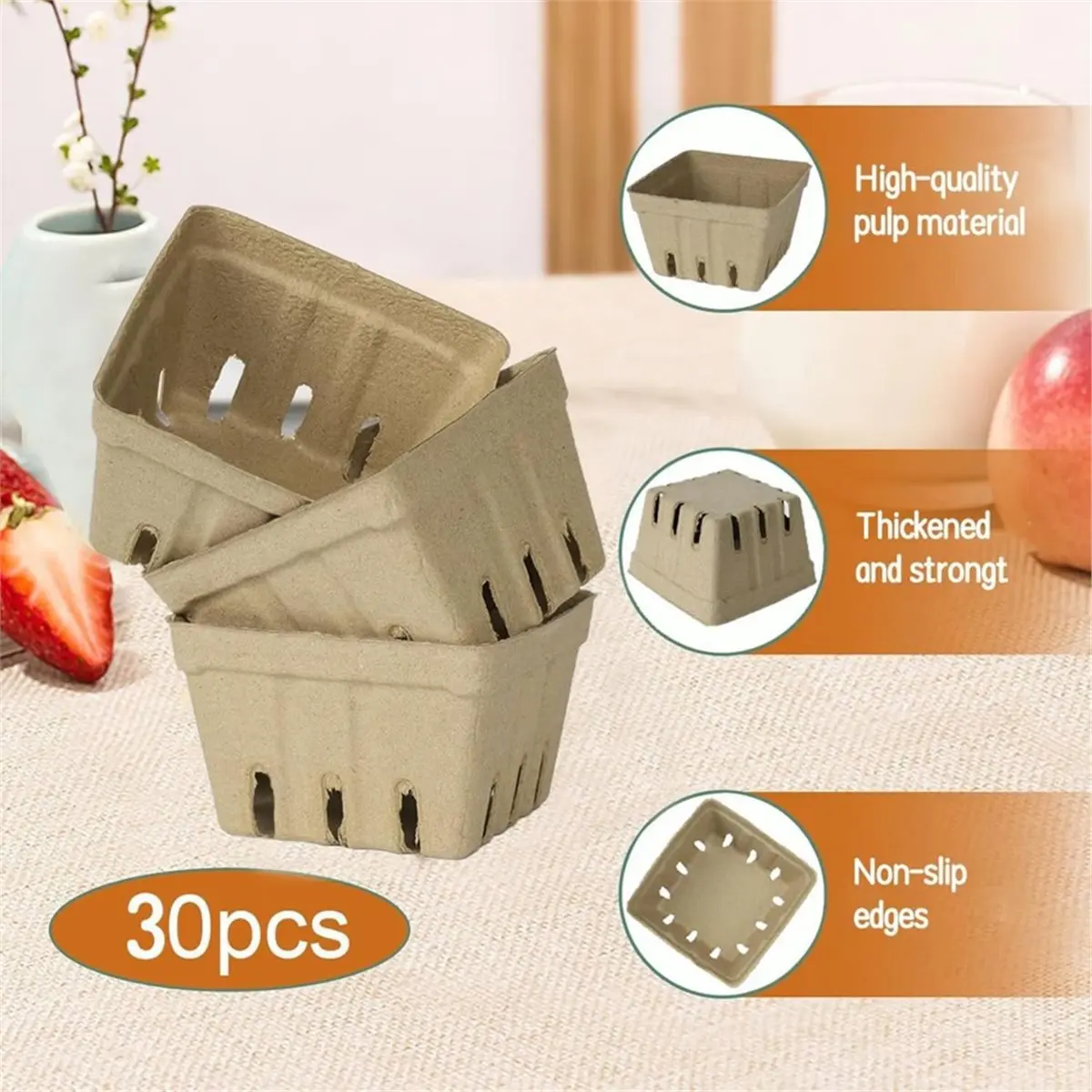Workshop Gear 30 Pack Natural Pulp Fiber Berry Basket,Molded Produce Vented Basket Kitchen Supplies for Strawberry Blueberry Ras