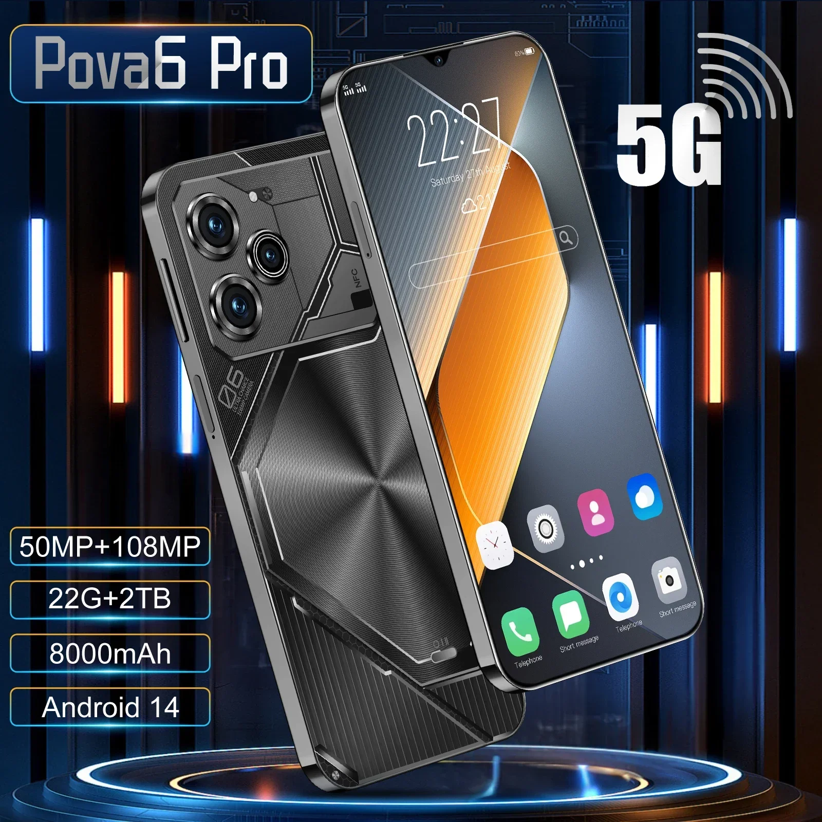 Original Pova6 pro Android Smartphone 7.3inch Screen Dual SIM 8000mAh Battery 22GB+2TB Memory 108MP Camera New Global Version