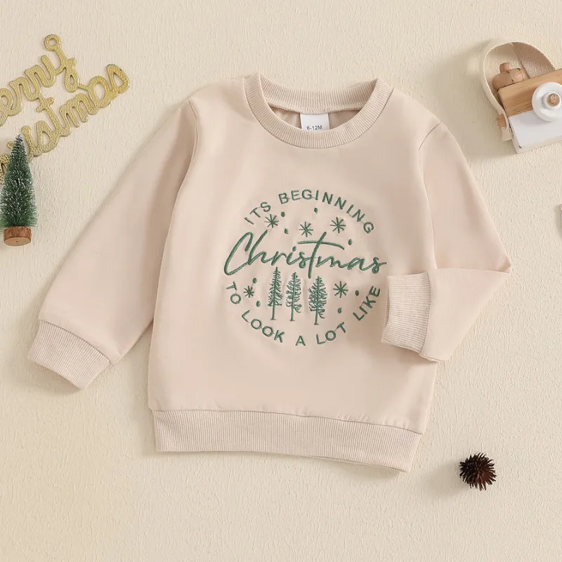 RUEWEY 6 Months to 4 Years Toddler Boy Girl Christmas Sweatshirt Letter Tree Embroidery Long Sleeve Round Neck Loose Pullover