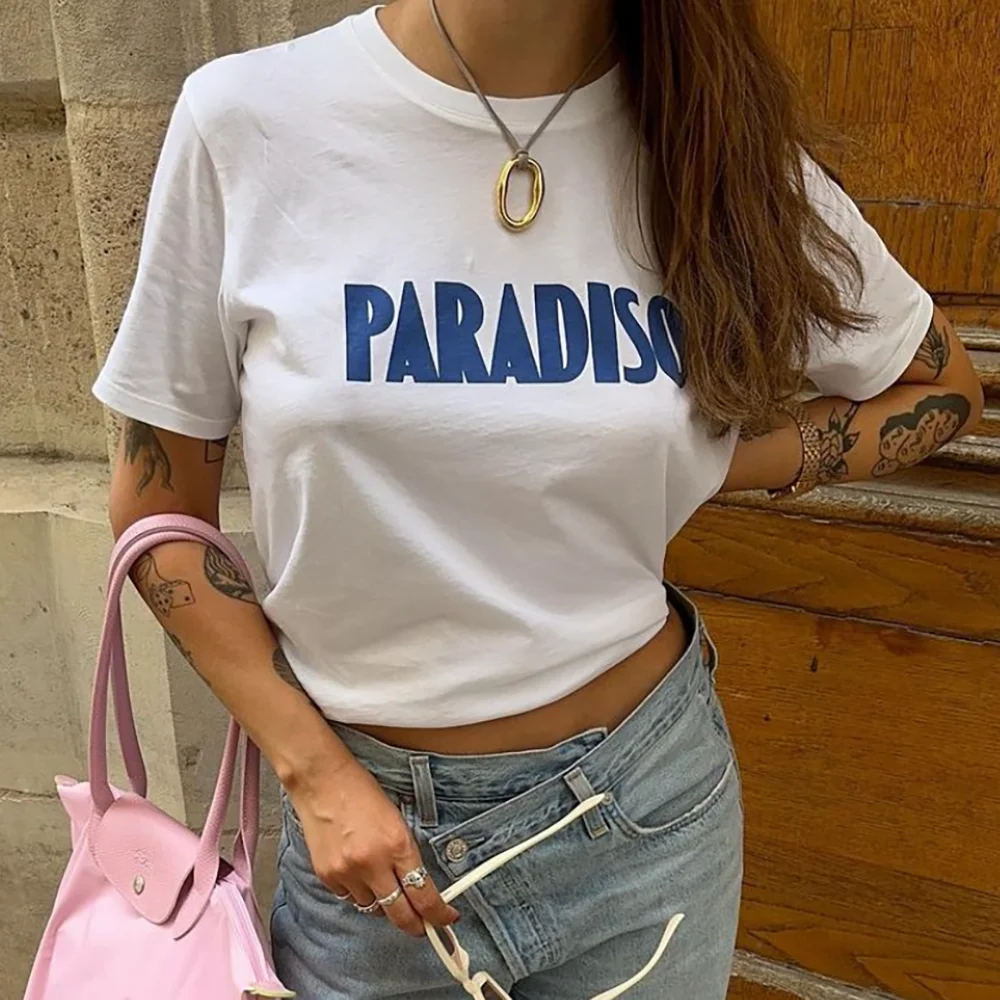 روان 5C787 رسالة الجرافيك طباعة المرأة تي شيرت الصيف س الرقبة قصيرة الأكمام سيدة البلوز الكلاسيكية عادية خمر فام ToP