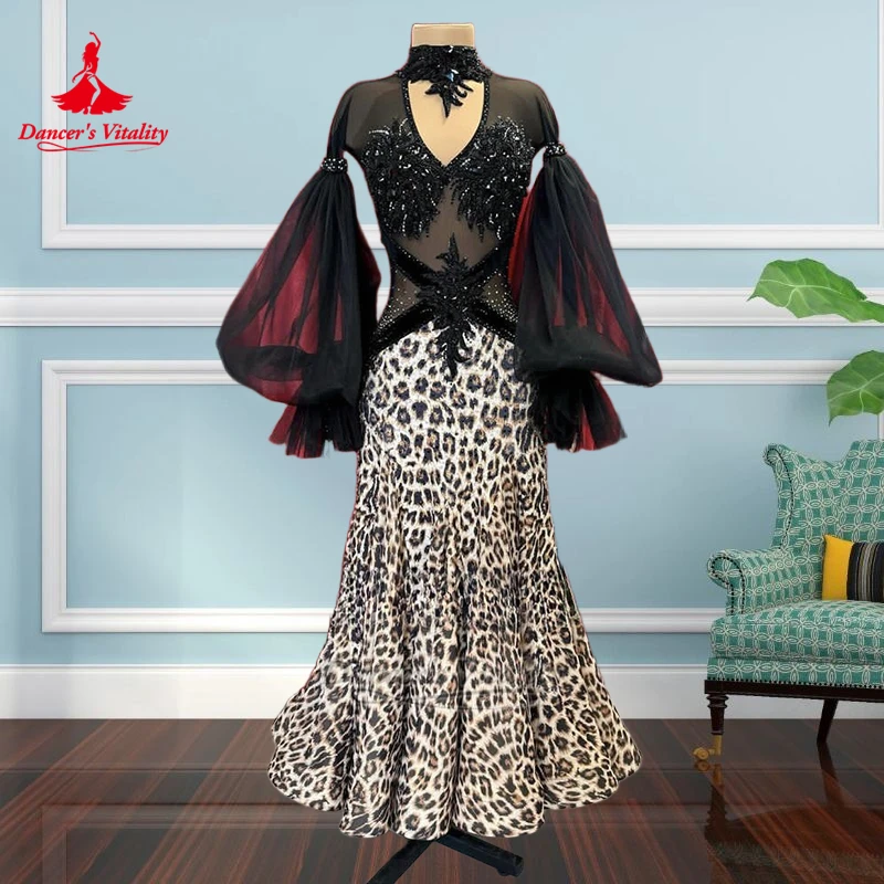 Ballroomdans Lantaarnmouwen Wikkelheupen Luipaardprint Jurk Danser Vitaliteit Wals Tango AB Steen Voer kleden Luxe op maat
