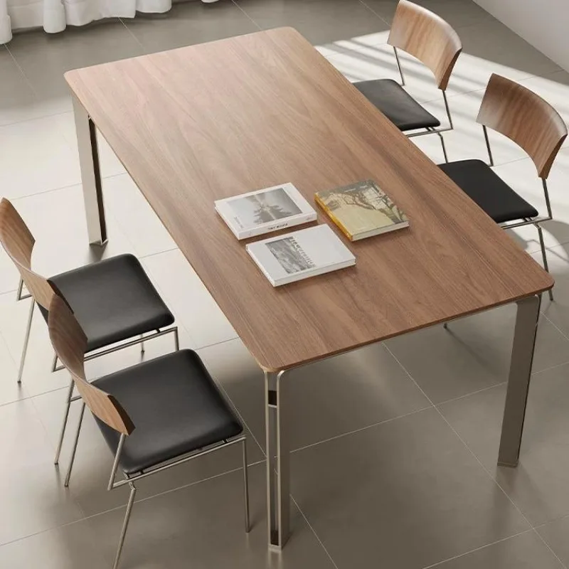 

North American black walnut dining table household simple desk metal feet rectangular dining table modern light luxury solid