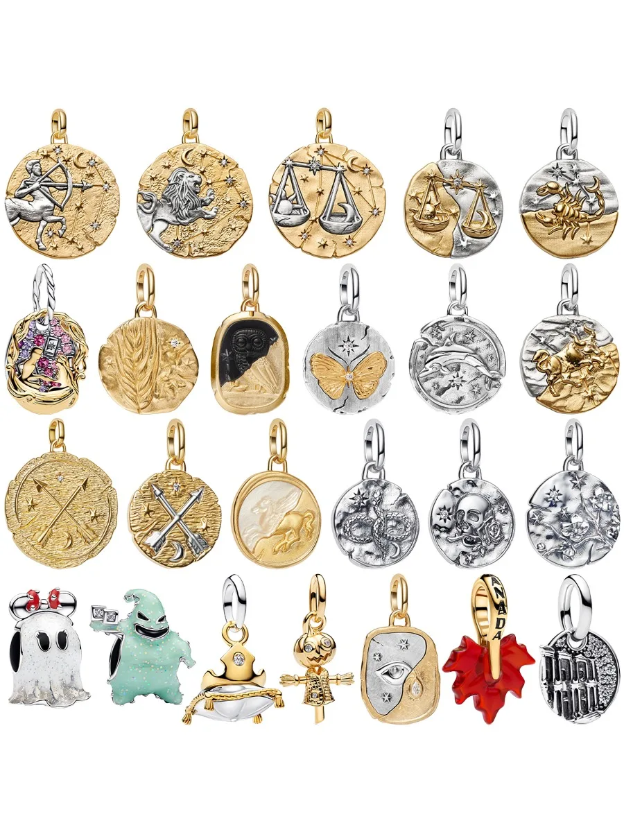 Oryginalne zawieszki z srebra S925 w stylu vintage, medalion zodiakalny, moneta z teksturowanym reliefem, koraliki, wisiorek pasujący do bransoletki lub naszyjnika, biżuteria DIY. — 2