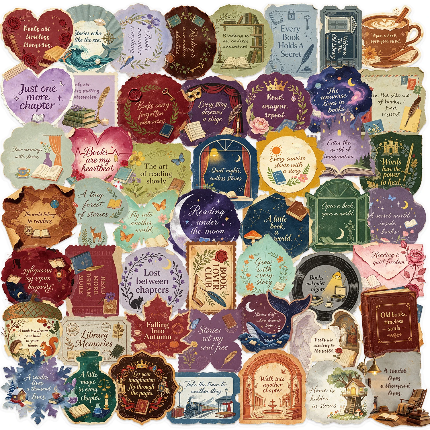 50 autocollants transparents avec des phrases liées aux livres pour les amoureux des livres, autocollants adaptés pour ordinateur portable, skateboard, bouteille d'eau