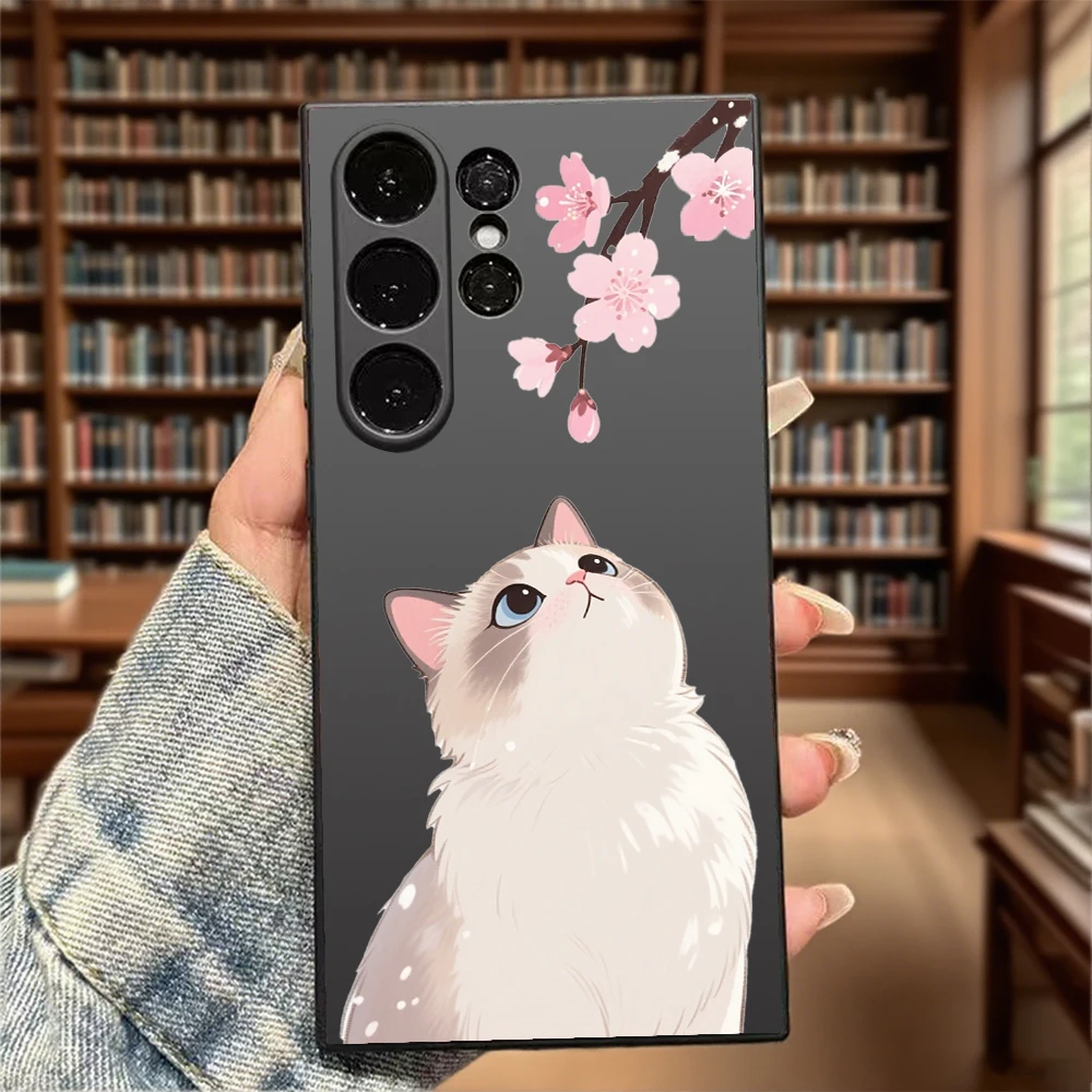 Handyhülle mit Katzen- und Kirschblütenmotiv für Samsung Galaxy S25, S24 Ultra, S23, S22, S21, S20 FE Plus, weiche TPU-Schutzhülle.