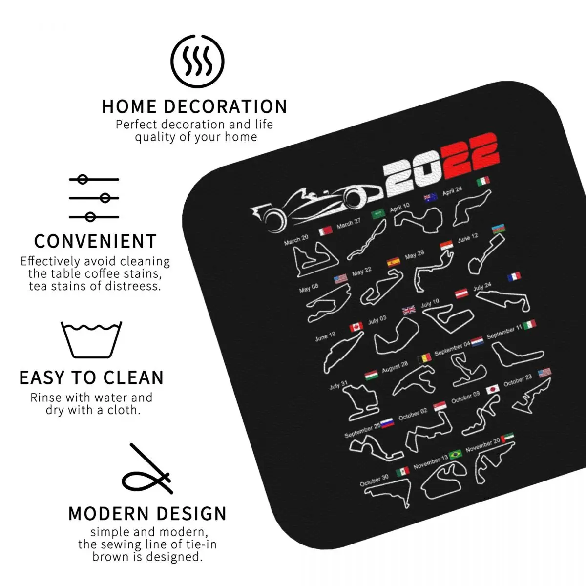 Calendar Formula race cars 2022 circuits Coasters PVC Leather Placemats Insulation Coffee Mats Dining Pads Set of 4