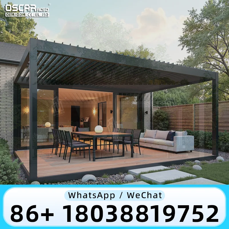 Bioclimatic Louvered Pergola with Three Control Modes Adjustable Sun and Rain Protection for Year Round Outdoor Use in Balconies