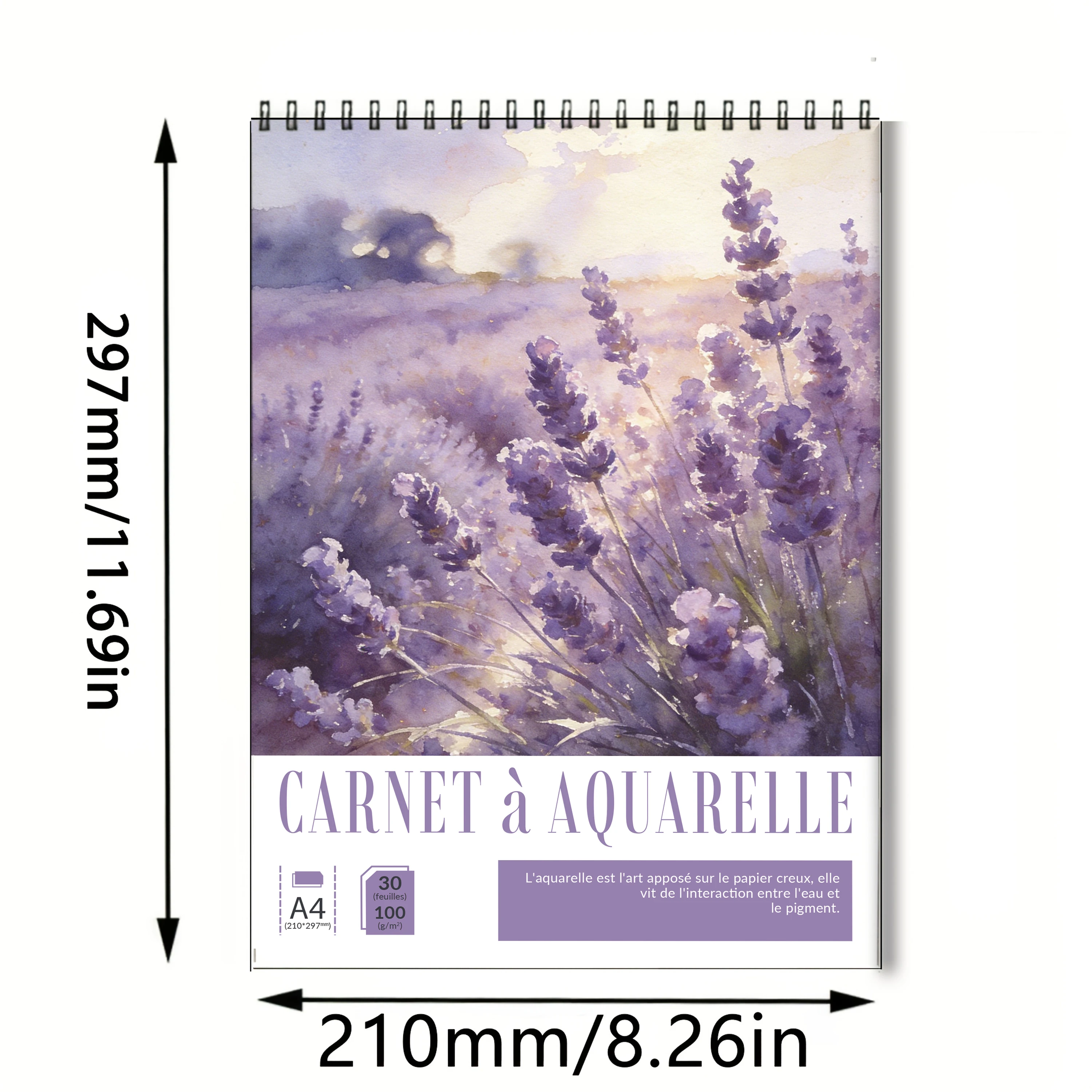 A4 Spiral Watercolor Sketchbook, 100GSM Thick Paper Art Pad, Lavender Field Watercolor Cover, 30 Sheets, Acid-Free Paper for Wat