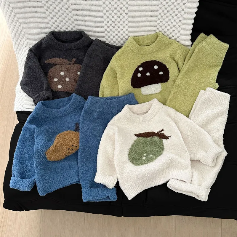 2026 Winter Baby Plus Velvet Thick Clothes Set Boys Girls Fleece Tops + Pants 2pcs Suit Children Comfortable Pajamas Outfits