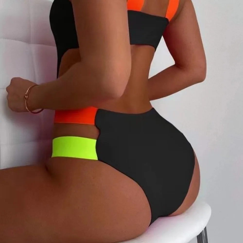 Colorful Y2K Contrast Strap One-Piece Swimsuit Women Backless Cutout Slimming Contrast Monokini Beachwear Tankini Swimsuits Wome