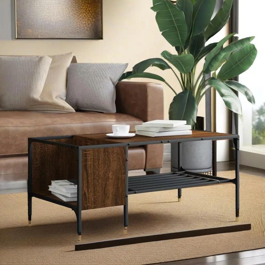 

Brown Oak Coffee Table with Rack - 39.4x20.1x15.7 inches, Durable Engineered Wood Design