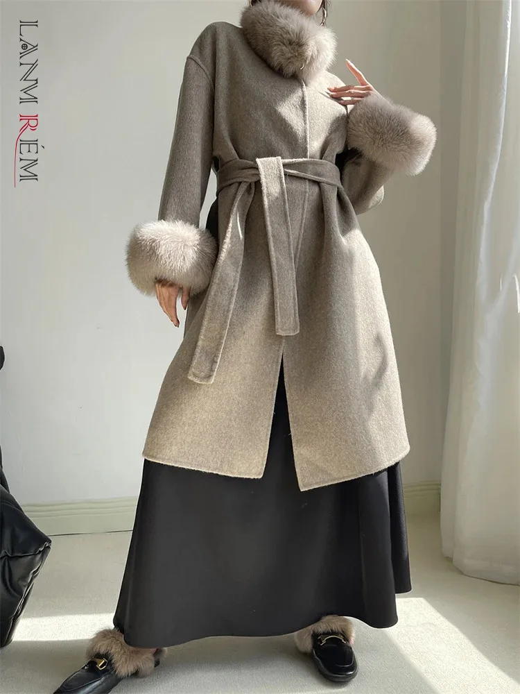 

[LANMREM] Elegant Fox Fur Design 100% Woolen Coat Women's Belt Gathered Waist Office Lady Luxury Outwear 2024 Winter New 26C649