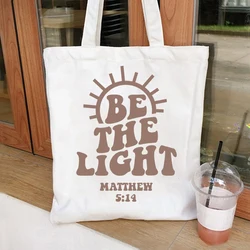 Vintage BeThe Light Tote Bag Funny Letter Printed Bible Verse Scripture Jesus Religion Women's Eco Friendly Canvas Tote Bags