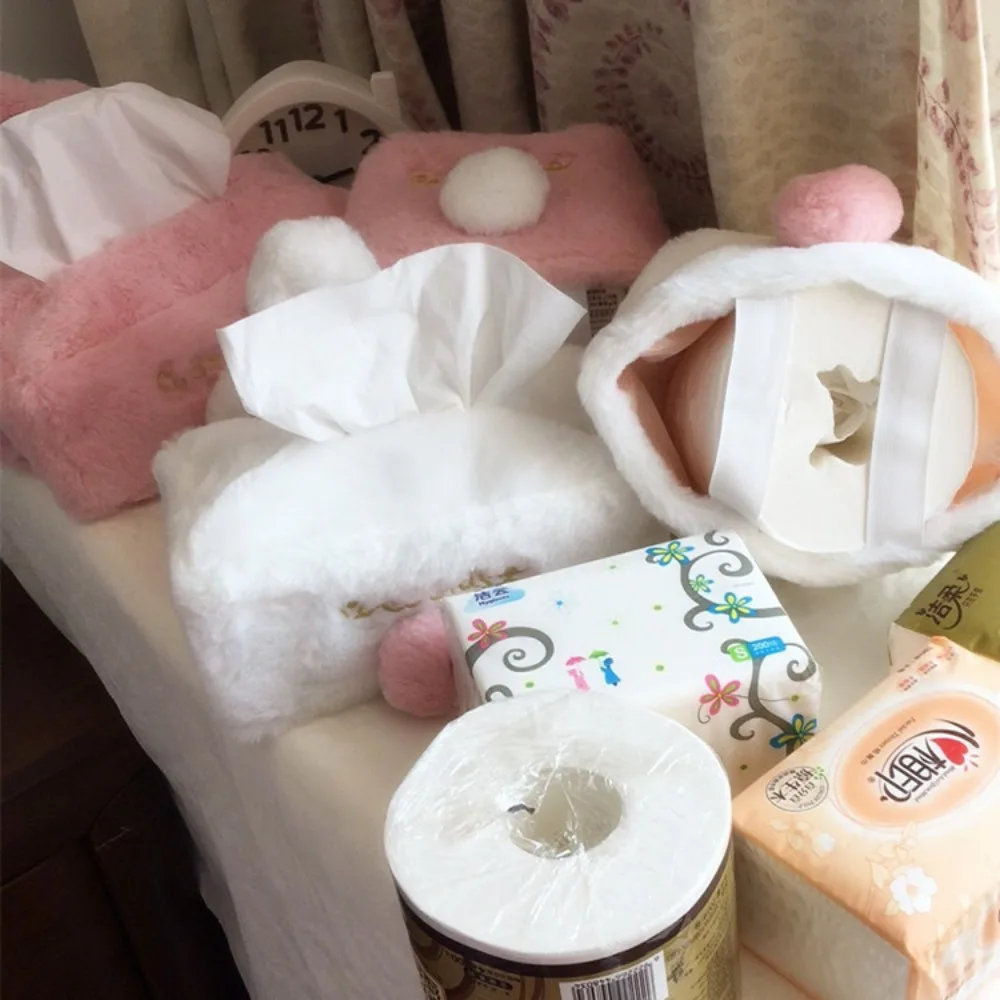 1pc Tissue Cover Cute Pink Plush Rabbit Tissues Storage Box Home Decoration Toilet Paper Holder Napkin Case