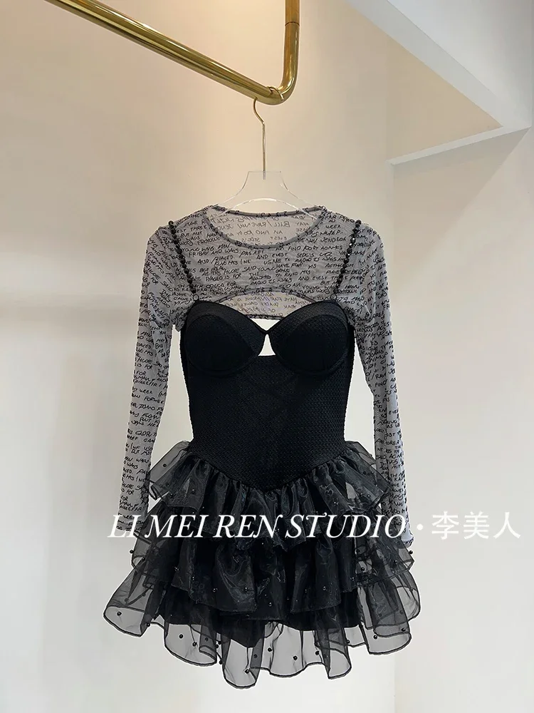 New Black Glitter Lace Sexy Puff Skirt Combo Swimsuit