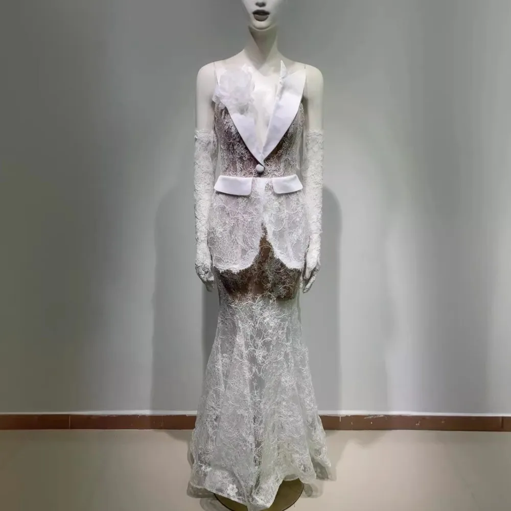 

Deep Suit Collar Tube Top Backless Sequined Lace Stitching Fake Two-Piece High Waist Long Fishtail Summer Evening Dress