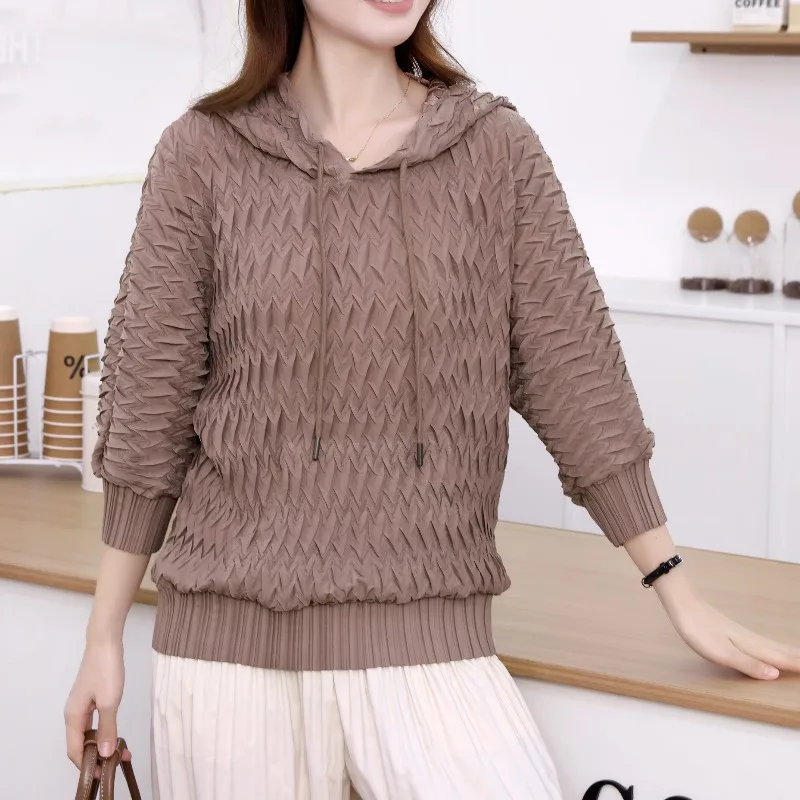 مياكي طيات 2026 جديد البلوز البلوز الرباط قابل للتعديل مقنعين أعلى فضفاض نحيل المرأة سترة عادية الرياضة الركاب