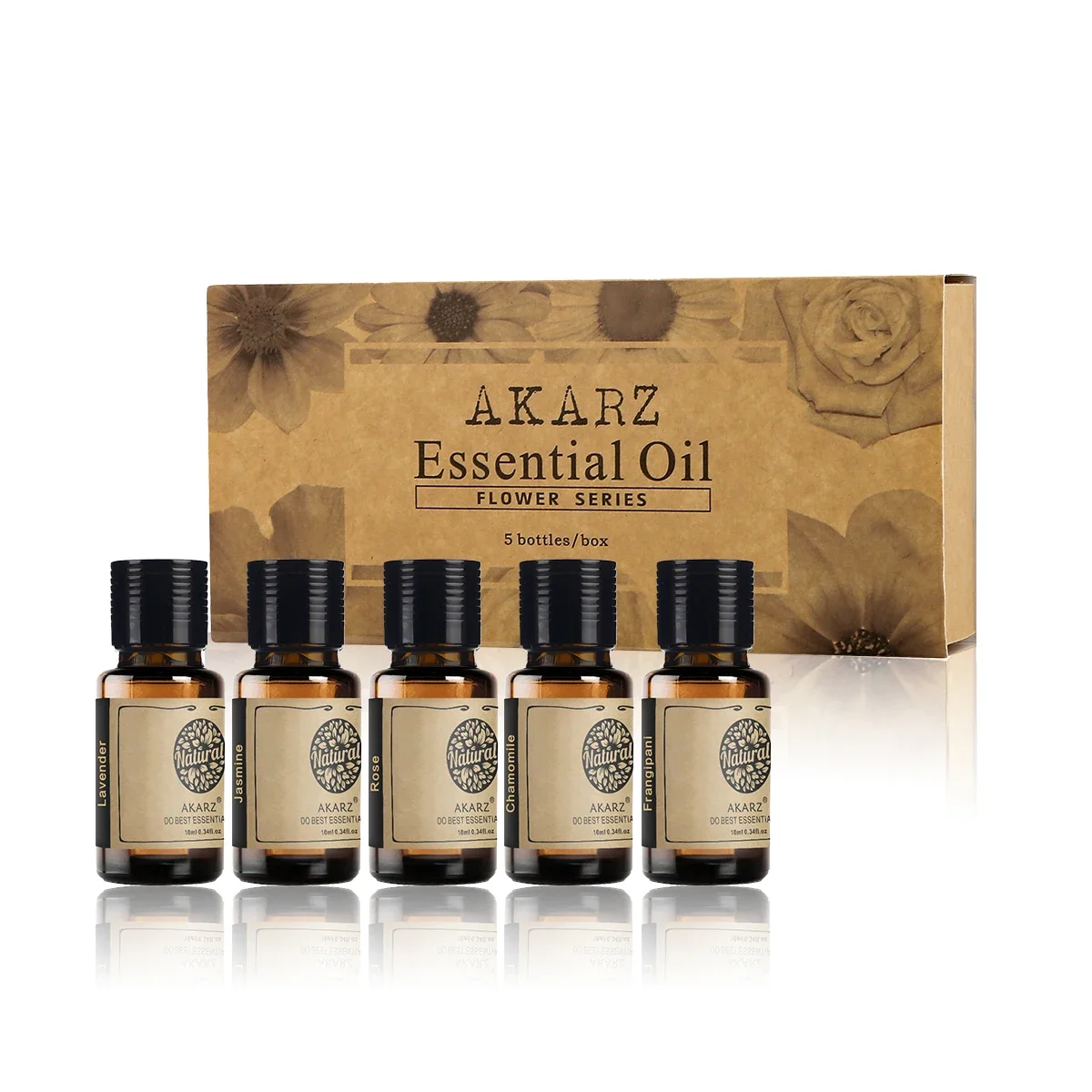 AKARZ Flower Serie Essential Oils Set - Lavender, Jasmine, Rose, Chamomile, Frangipani - Massage and Aromatherapy Diffuser