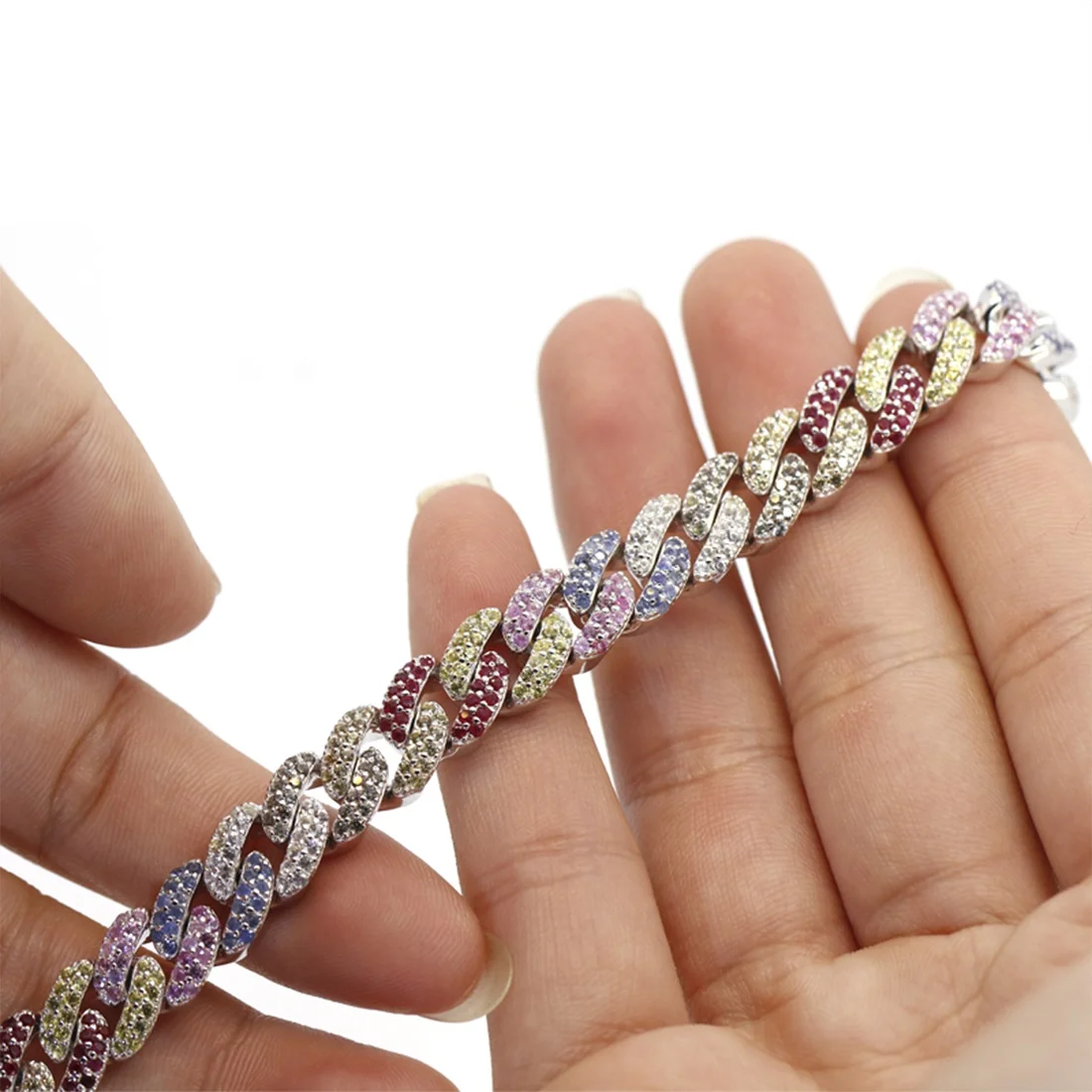 Factory Direct Men 10mm 22.3cm S925 Silver Cuban Chain Bracelet Setting Natural Ruby and Sapphire Gemstones Jewelry