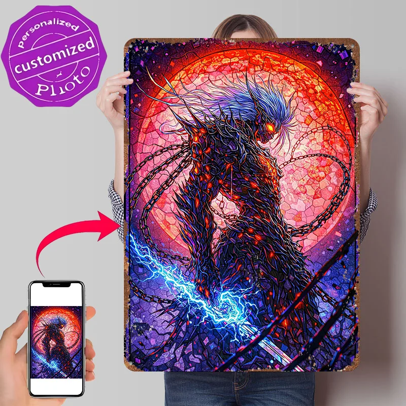 Fiery Demon With Lightning and Chains Poster Retro 3D Printed Metal Signs Customized Wall Hanging Gift for Home Decor Items Art
