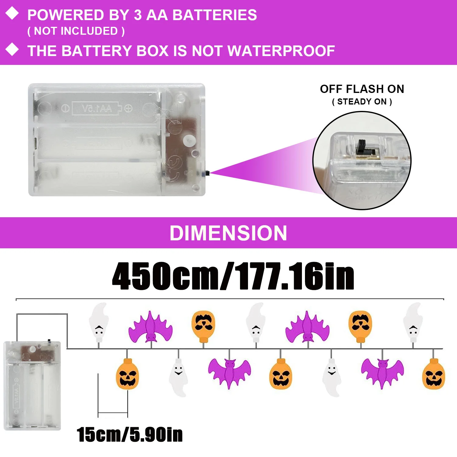 4.5M LED Halloween Spider Pumpkin Bat String Lights Battery Powered Ghost Light for Home Yard Bedroom Tree Holiday Party Decor