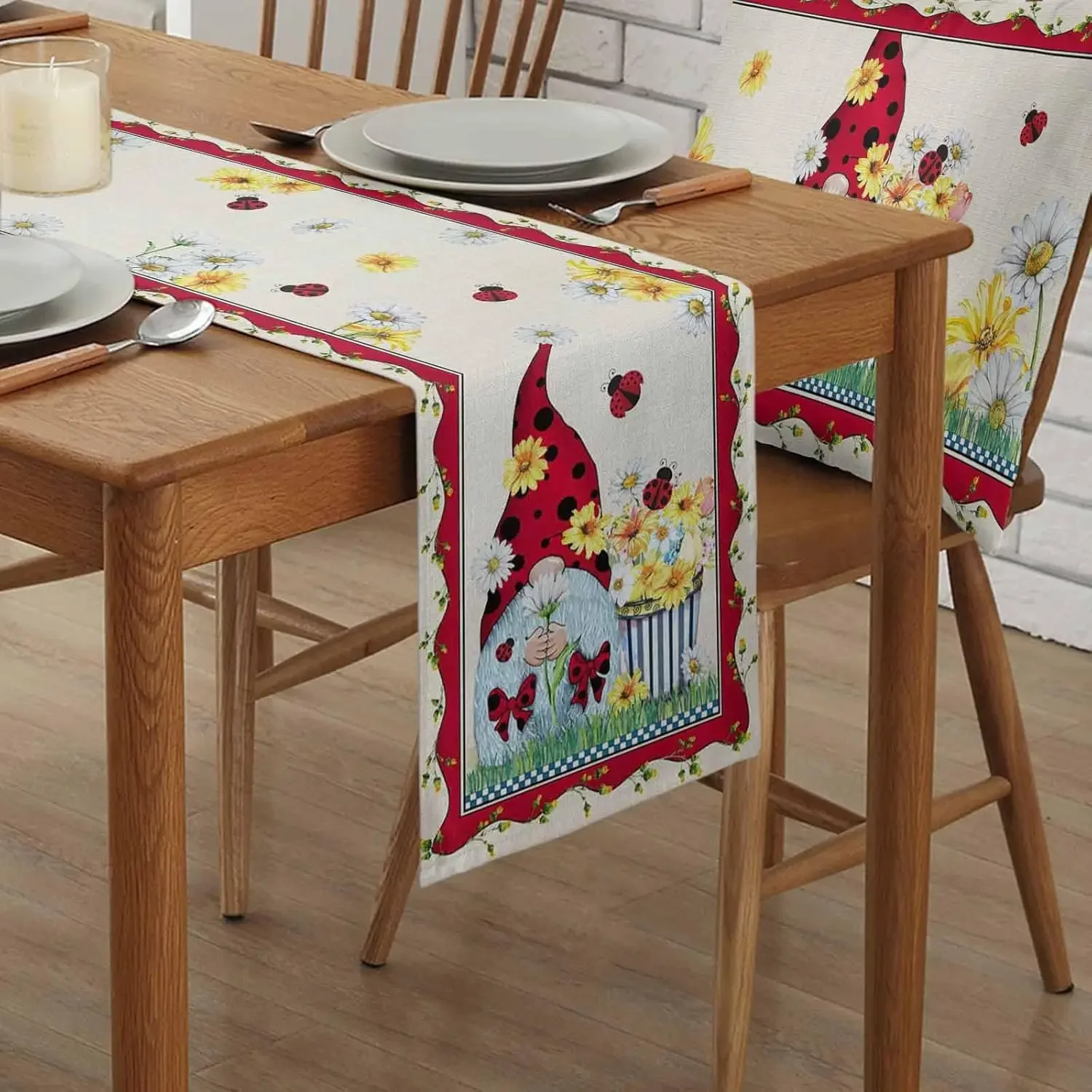 Spring Gnome Ladybird Flowers Linen Table Runner Dresser Scarves Table Decor Farmhouse Kitchen Dining Table Runner Party Decor