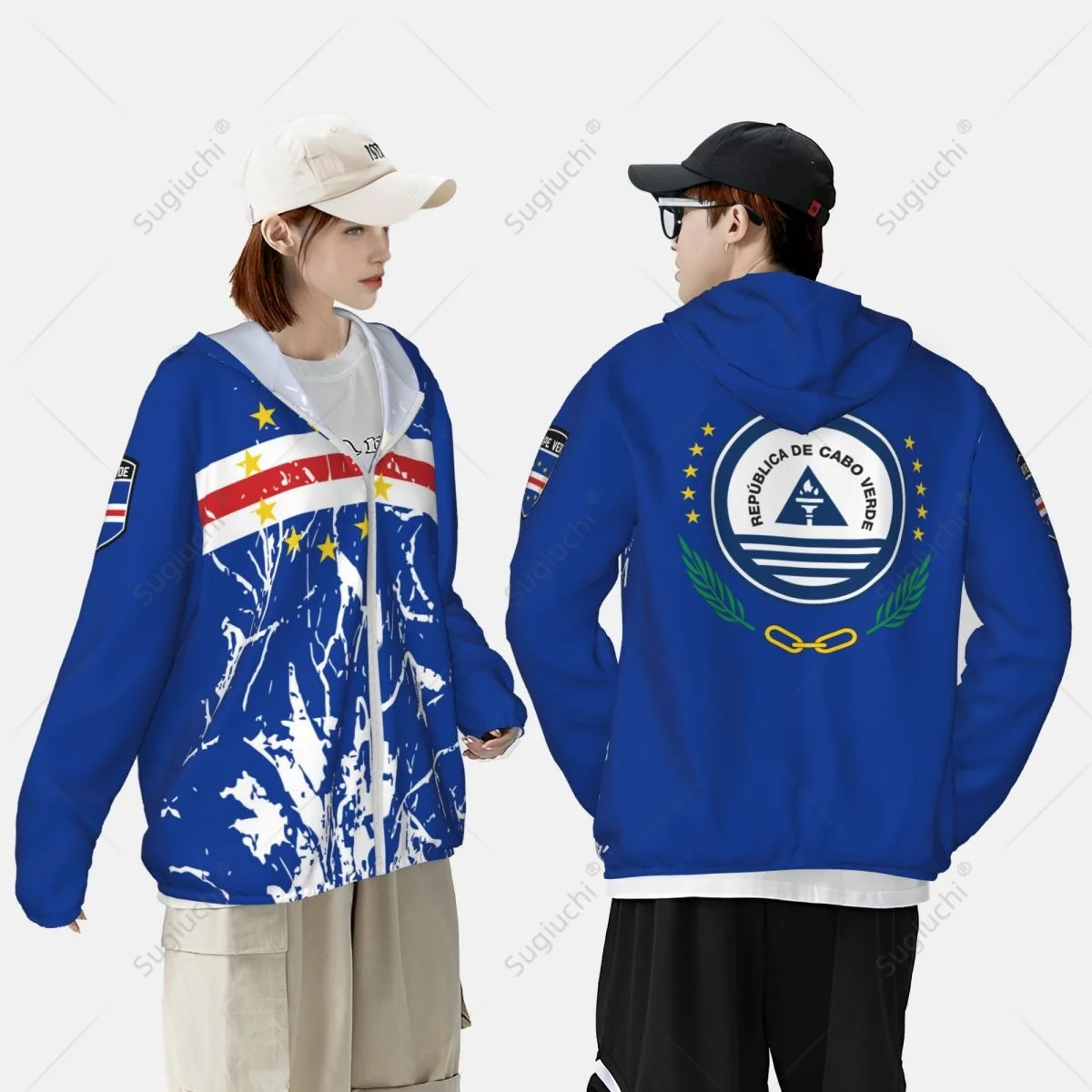 Cape Verde Flagge Sonnenschutz Hoodie Sonnenschutz Kleidung Angeln Radfahren Laufen schnell trocknen Langarm mit Reiß verschluss Polyester