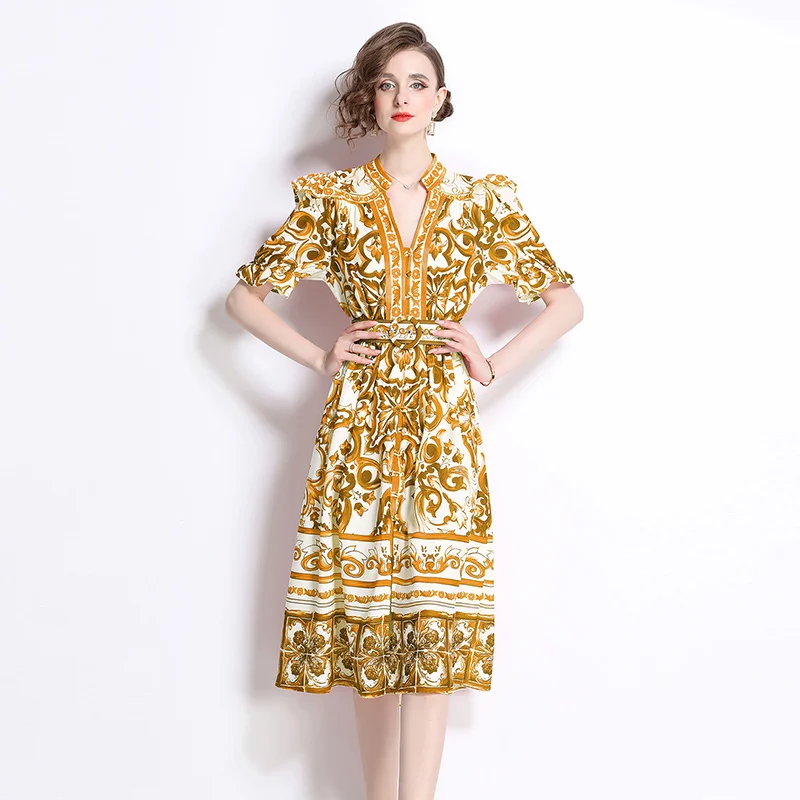 New Fashion Runway Summer Yellow Green And White Porcelain Print Holiday Midi Dress For Women's V Neck Puff Sleeve Belt Clothes