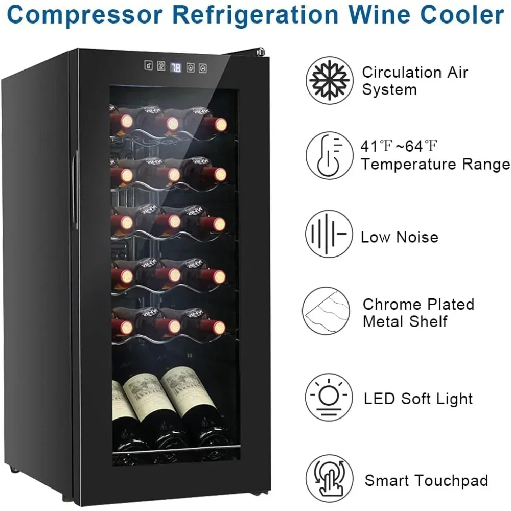 Mini refrigerador do vinho com temperatura ajustável, Compressor de 18 garrafas, Refrigerador, Isolado, Compacto, W