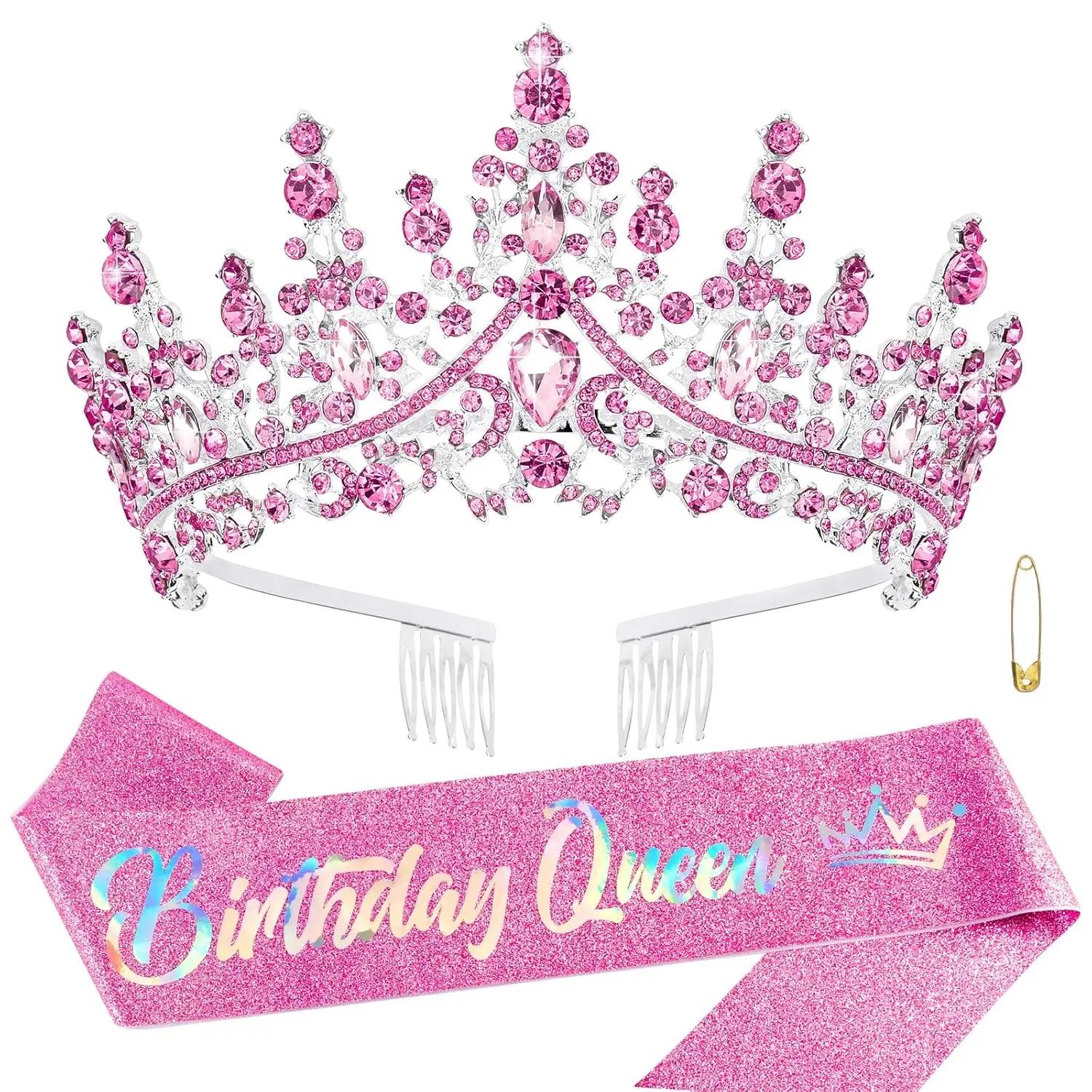 Diademas rosas de Reina de cumpleaños, coronas para mujeres y niñas, Tiara de princesa de cristal, diademas con diamantes de imitación, quinceañera, feliz cumpleaños