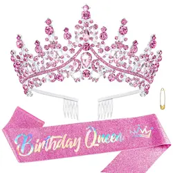 Pink Birthday Queen Sash Tiaras Crowns for Women Girls Crystal Princess Tiara Rhinestone Headbands Quinceanera Happy Birthday