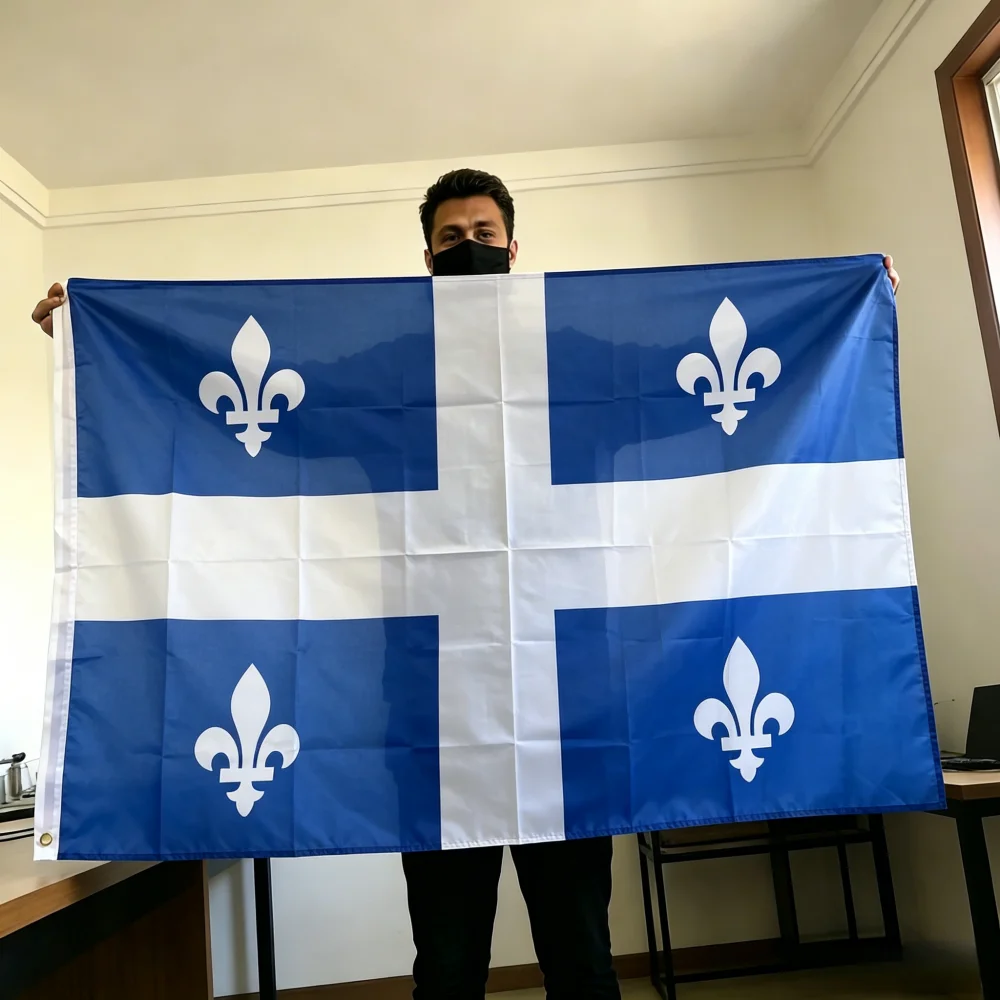 FlagGo Quebec Flag 150x90cm 3x5 FT Blue White Cross Four Fleurs De Lis Polyester Double Stitched Outdoor Indoor Decoration