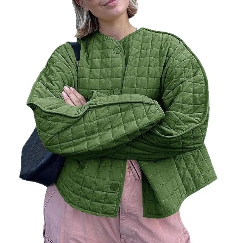 Autumn and Winter Harajuku Monochrome Plaid Quilted Coat Round Neck Pocket Cotton-padded Jacket