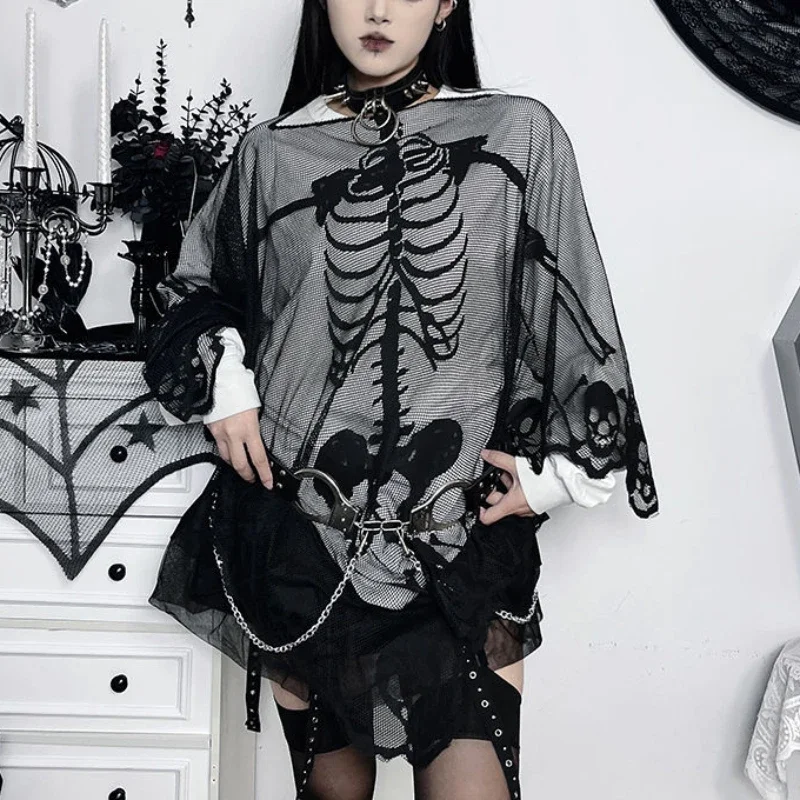 الظلام القوطية عباءة الهيكل العظمي الدانتيل مخرمة قميص 2025 الربيع/الصيف تصميم الشعور ملابس نسائية
