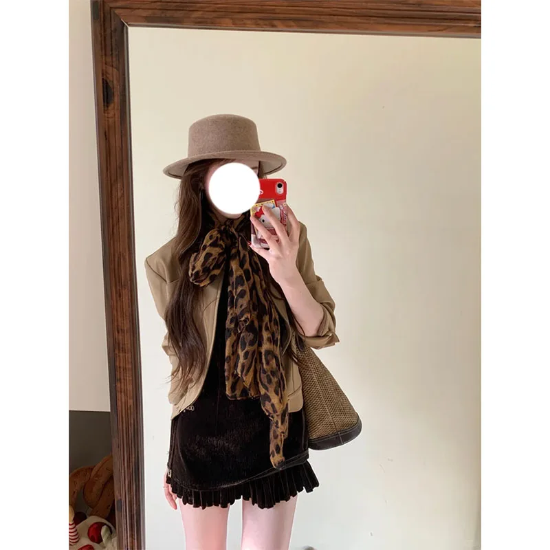 

Retro round Neck Jacket Outerwear Women's Korean Style Loose Casual Short Velvet Skirt Set Spring Fashion Student Uniform
