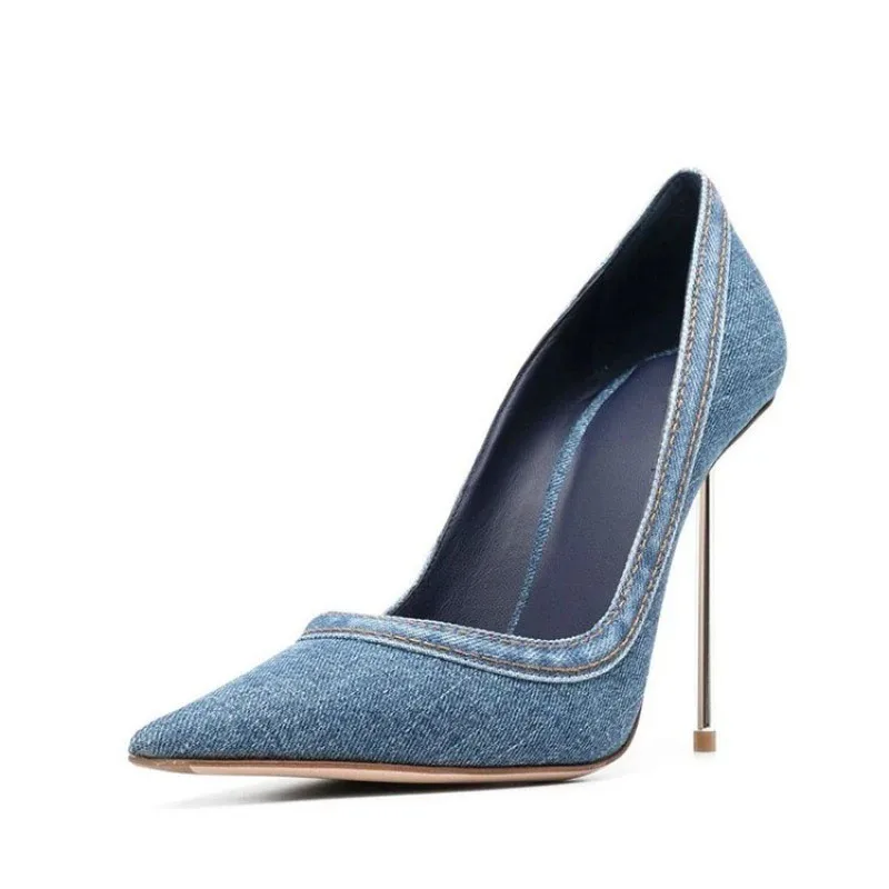 

2025 Women's Fashion Blue Denim Thin High Heel Single Shoes European and American Pointed Back Strap Shallow Mouth Sandals