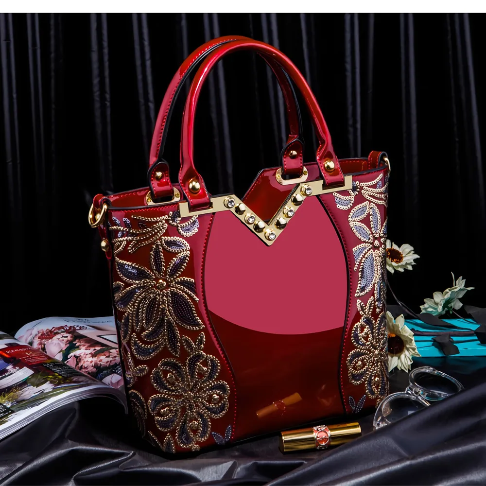 AMELISH Luxury Bag for Women 2024 High Quality Patent Leather Flower Embroidery Diamond Tote Handbag Fashion Female Shoulder Bag