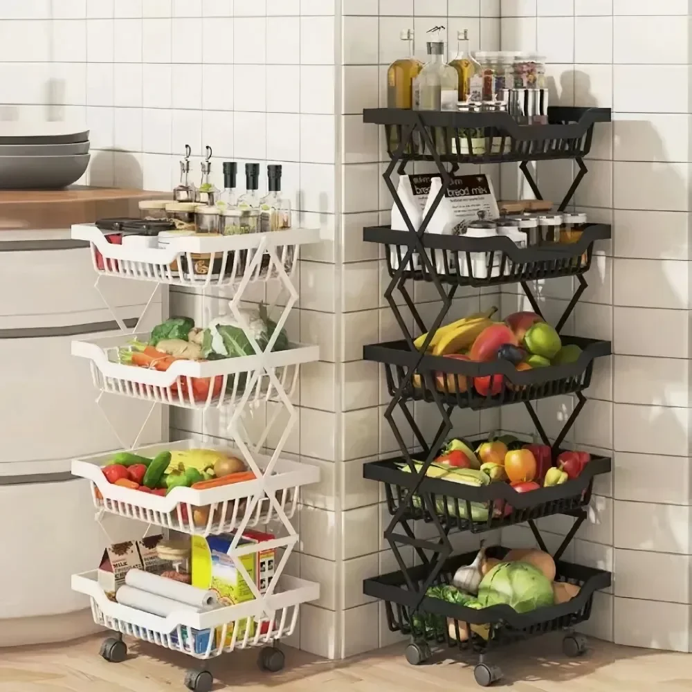 Kitchen Fruit Basket Movable Crevice Vegetable Storage Carts Stackable Floor-Mounted Shelf Folding Rack Multi-Layer Trolley Cart