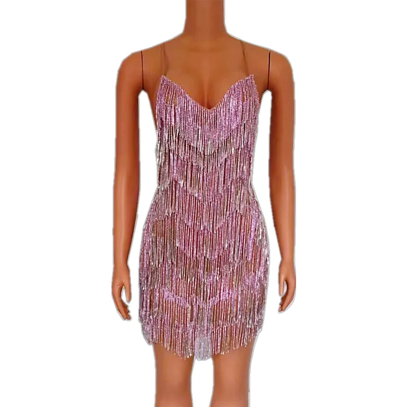 Stones Performance Collection See Through Outfit Costume luxurious Pink Crystals Fringes Transparent Sexy Backless Dress