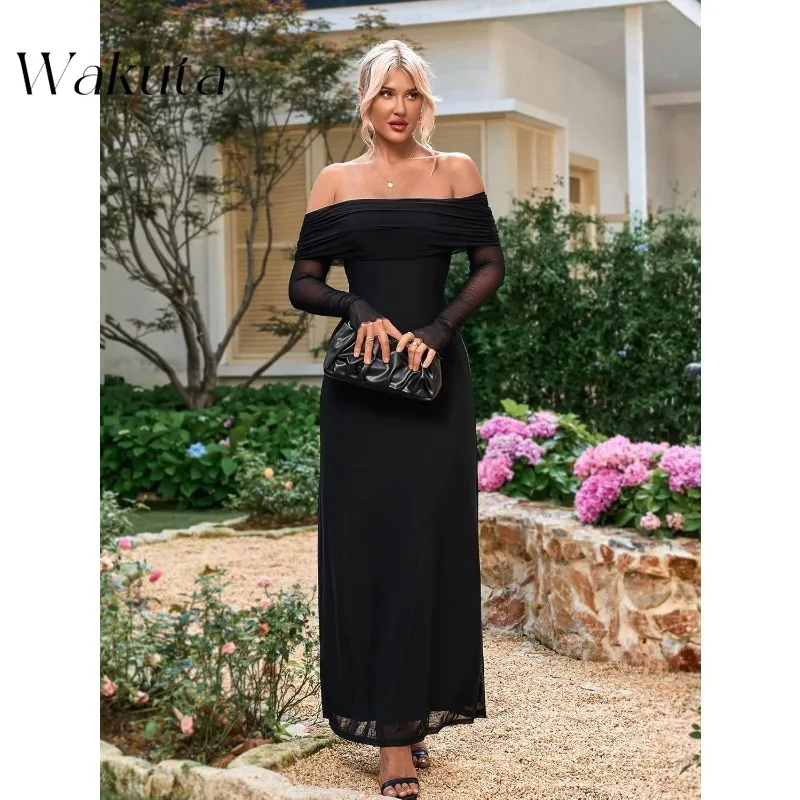 Wakuta Elegant Women’s Off Shoulder Bodycon Maxi Dress Long Sleeve Mesh Ruched Party Formal Wedding Guest Vestido Elegante Mujer