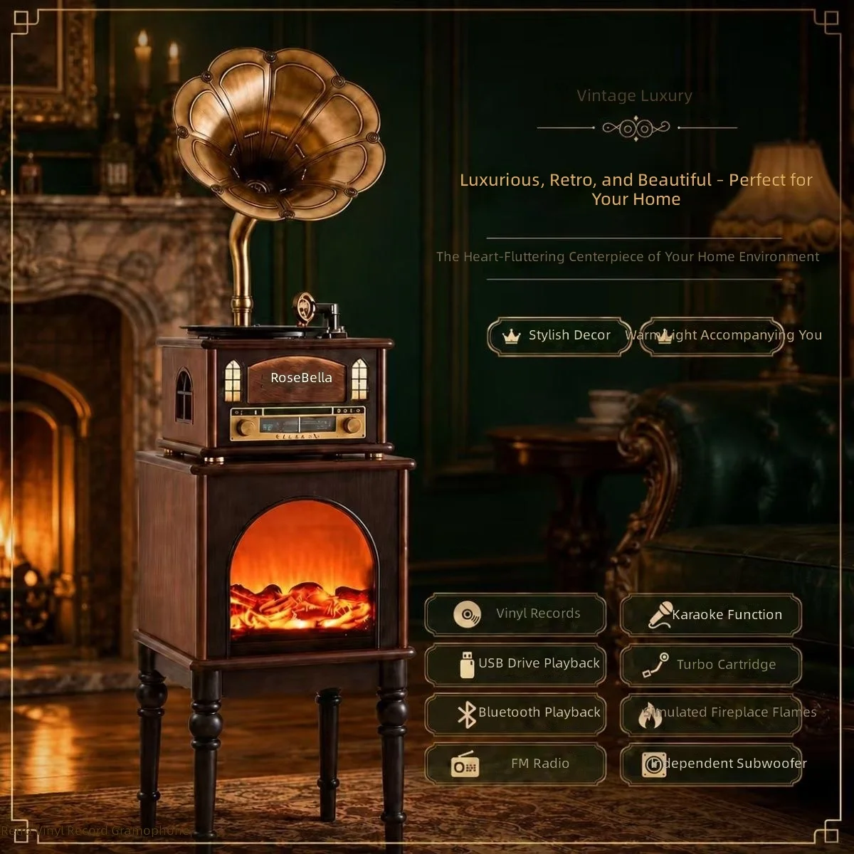 French antique phonograph high-end fireplace integrated retro vinyl record player living room ornament