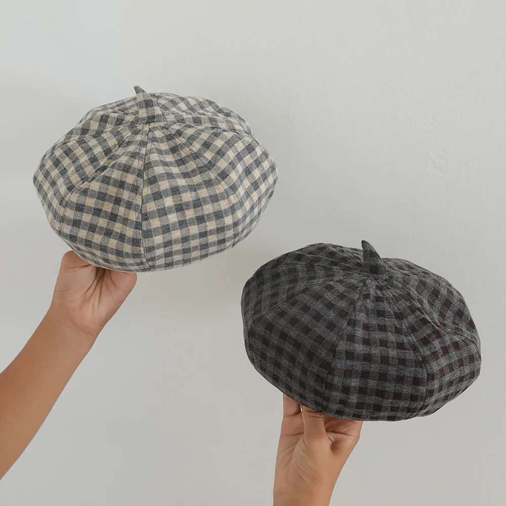 Winter Autumn Baby Beret Beanie Hats Plaid Pattern Warm Hats Children Cute Cat's Ear Hat Soft Kids Bonnet for 2-6Years