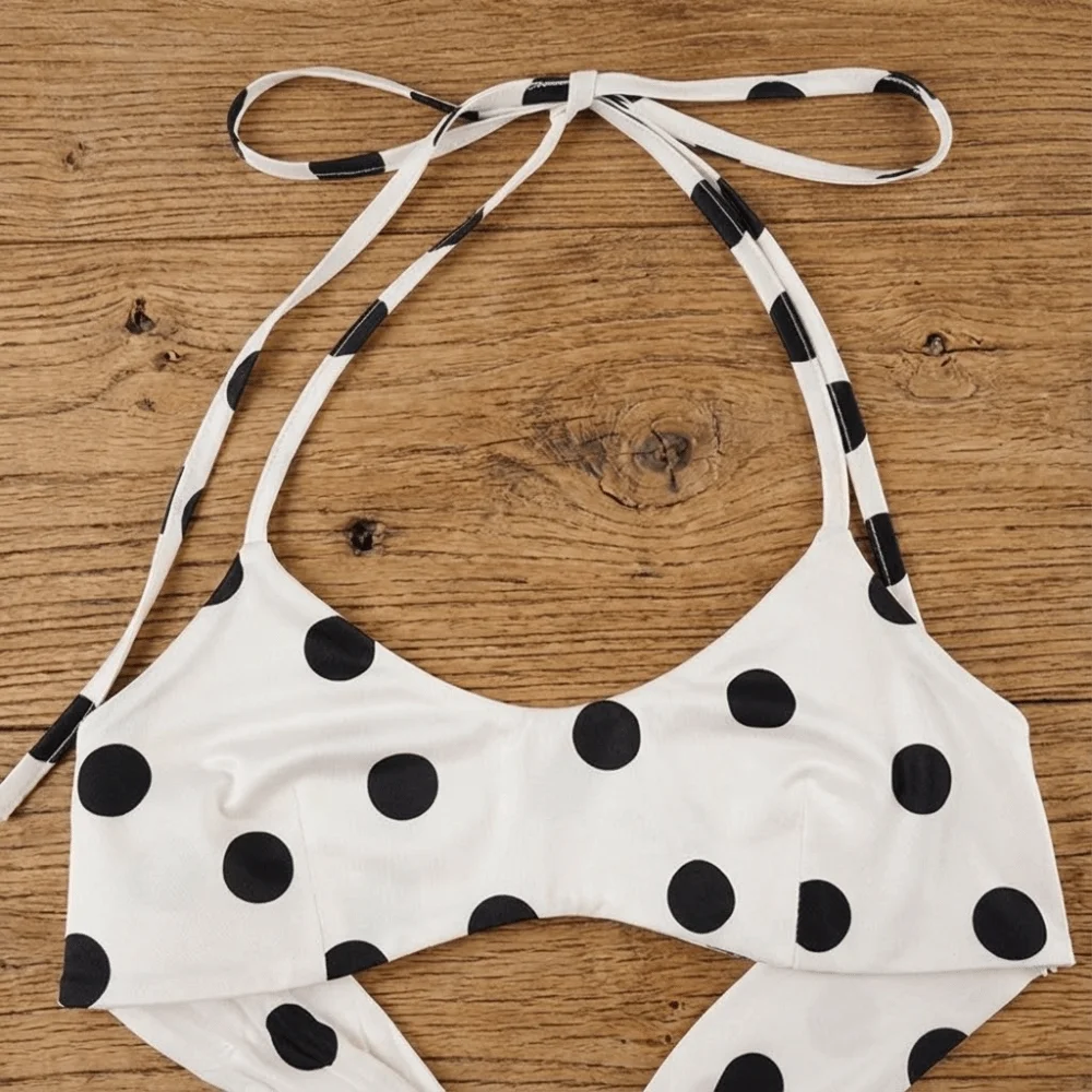 

Casual Halter Neck Sling Bikini Suit Boxer Shorts Lace Up Swimwear Set Slim Fit Ruffled Polka Dot Swimsuit Beach