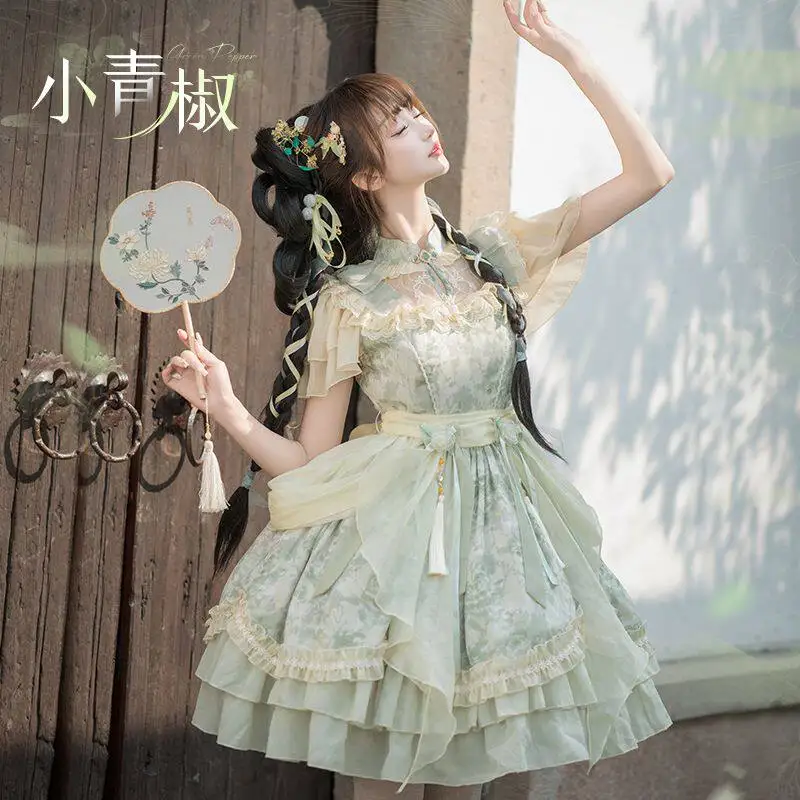 

Original Chinese Style Lolita Op Dress Women Summer Daily Princess Lolita Dress Green Pepper Pattern
