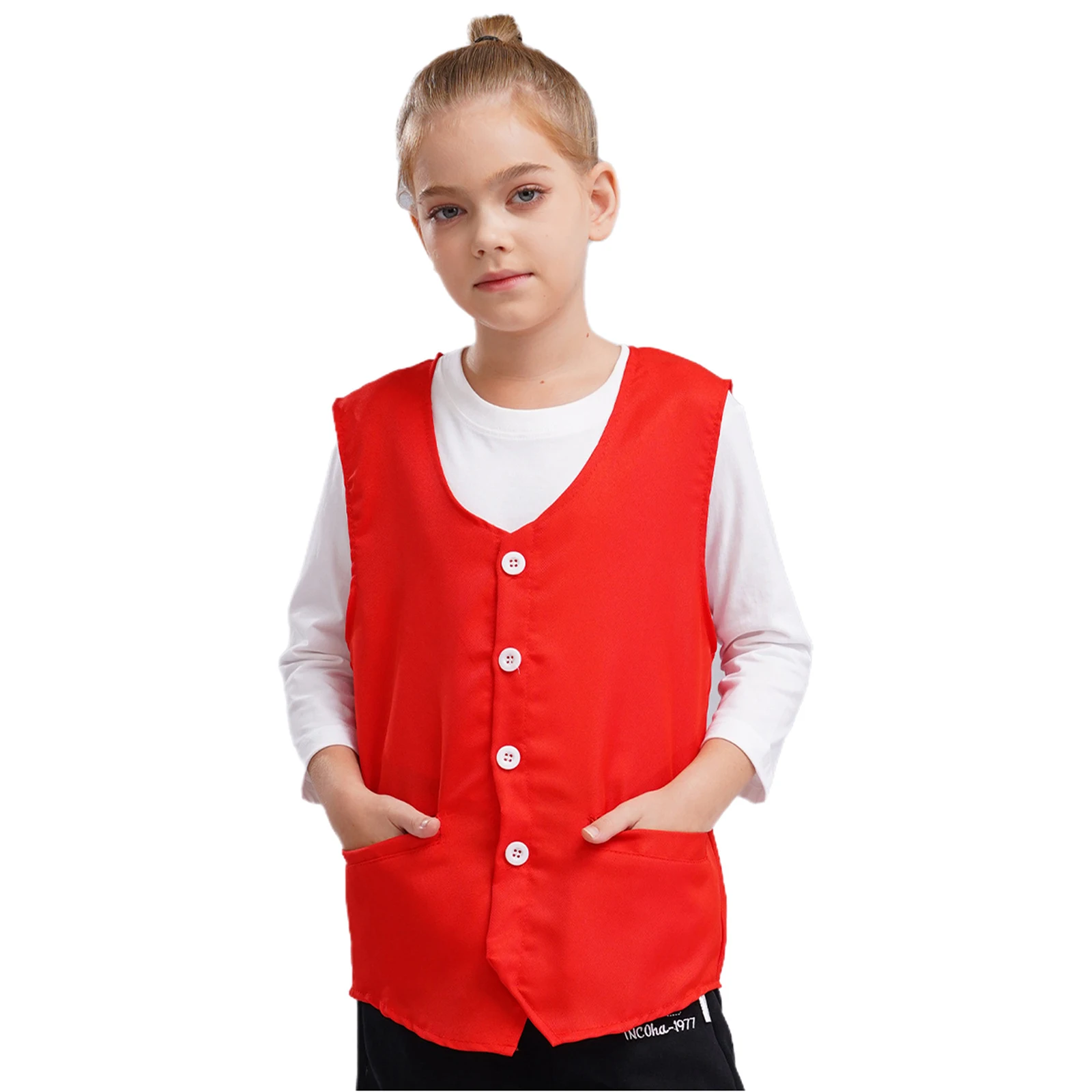 Kids Boys Girls Button Volunteer Vest Solid Color V Neck Sleeveless Waistcoat Volunteers School Camp Activities Uniform