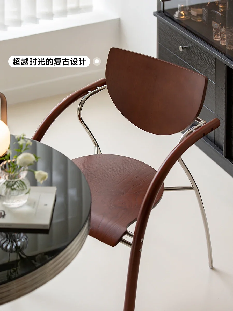 Medieval solid wood dining chair household light luxury modern simple chair retro stainless steel minimalist back chair